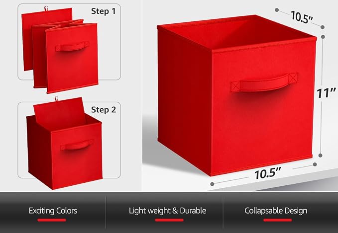 Sorbus Foldable Storage Cubes - 6 Fabric Baskets for Organizing Pantry, Shelf, Toy Box, Cubby, Closet Organizer - 11 Inch Collapsible Closet Organizers and Storage Bins - Red Storage Cubes with Handle