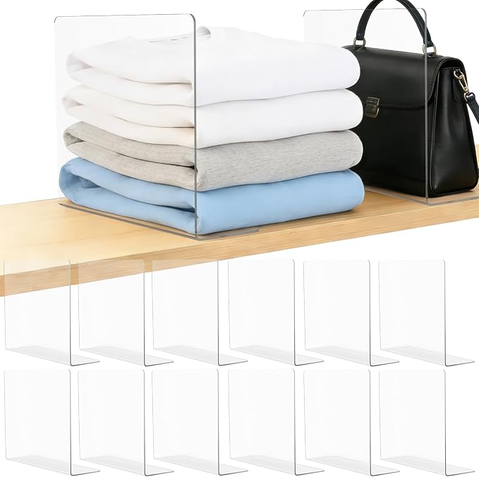 Clear Acrylic Shelf Dividers Closet Organizers for Organization Enthusiasts | 12" Tall Closet Shelf Dividers for Clothes Purse Towel - Sturdy Shelf Separators for Bedroom Kitchen Office Space Saver