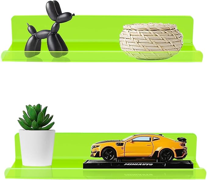 ROYALITA 2-Pack Small Acrylic Shelves Wall Mounted, 12 in Display Shelves | for Small Items, Plants, Room Decor Floating Wall Shelves for Gaming Room, Bedroom, Living Room, Office, Green