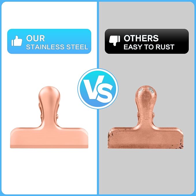 Chip Clips, 12 Pack Bag Clips, Stainless Steel Chip Clip, Metal Clip for Food, Air Tight Seal Great for Kitchen Home Office (Rose Gold)