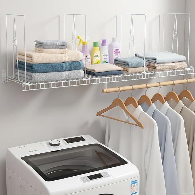 Wire Shelf Dividers - White Closet Organization & Storage Organizer - No Tool Shelf Divider for Wire Shelves - Metal Shelf Accessories – for 12“ Deep Wire Shelves – Tall 16” Height – 4 Pack