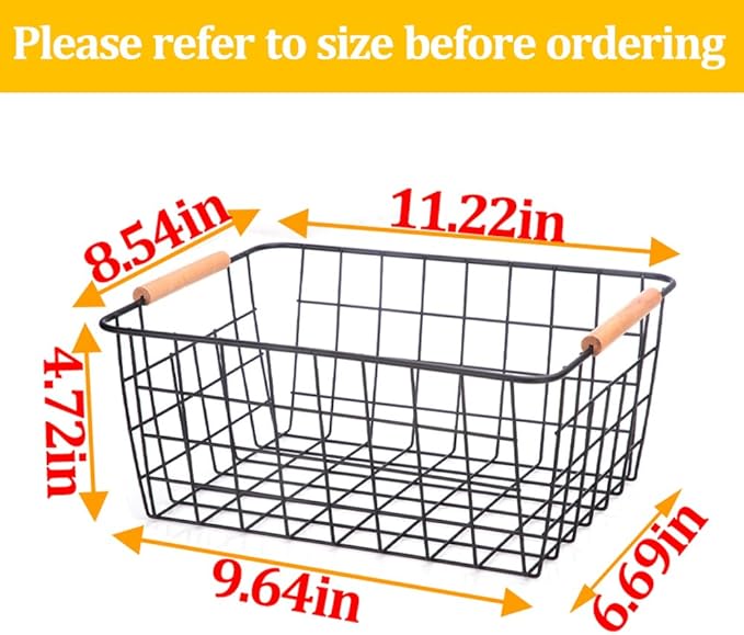 LeleCAT Wire Baskets with Wooden Handles, Wire Storage Organizer Baskets, Household Refrigerator for Cabinets, Pantry, Closets, Bedrooms - Set of 4（Black)