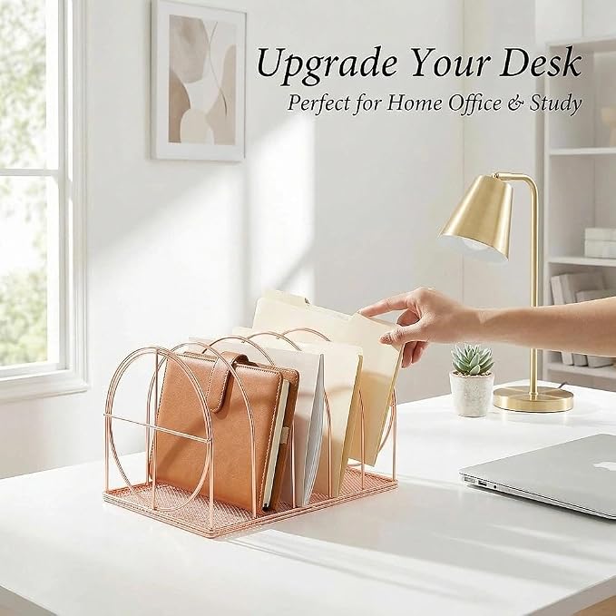 File Sorter Organizer, 5 Section Magazine Holder Rack, Desktop Round Wire Book Stand for Mail, Paper, Document, Folder, Record and Desk Accessories, Rose Gold