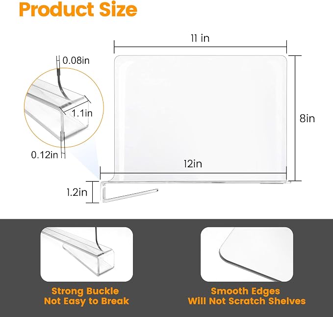 OKPOW Shelf Dividers for Closet Organization: 6 Pack 8" Tall X 12" Deep Acrylic Clear Sturdy Separators for Clothes Purse - Adjustable Easy Install Storage for Wood Cabinet Home Organizer Housewife