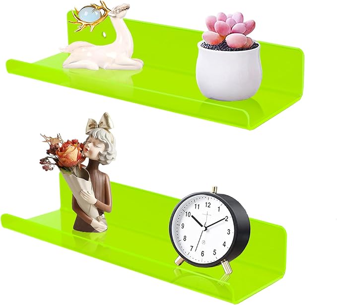 ROYALITA 2-Pack Small Acrylic Shelves Wall Mounted, 12 in Display Shelves | for Small Items, Plants, Room Decor Floating Wall Shelves for Gaming Room, Bedroom, Living Room, Office, Green