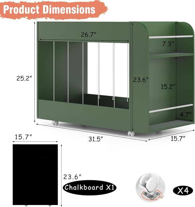 Wooden Kids Bookshelf and Toy Storage Organizer with Side Drawing Chalkboard, 3-in-1 Mobile Stuffed Animal Storage Zoo, Rolling Toy Box Container on 4 Wheels for Kids Room Playroom Nursery, Green