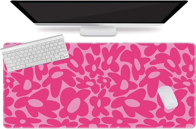 L-SPOUTTO Pink Gaming Mouse Pad Large Desk Mat XXL Mouse Pad Non-Slip Rubber Base Keyboard Pad Waterproof Desktop Mat for Laptop Computer Work Game Home Office-Hot Pink Daisy