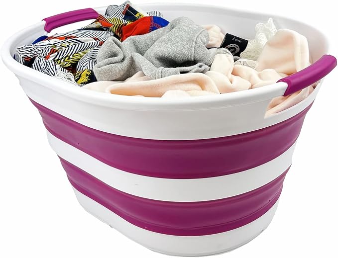 SAMMART 23L (6 Gallons) Collapsible Plastic Laundry Basket - Oval Tub/Basket - Foldable Storage Container/Organizer - Portable Washing Tub (White/Purple (Set of 2))