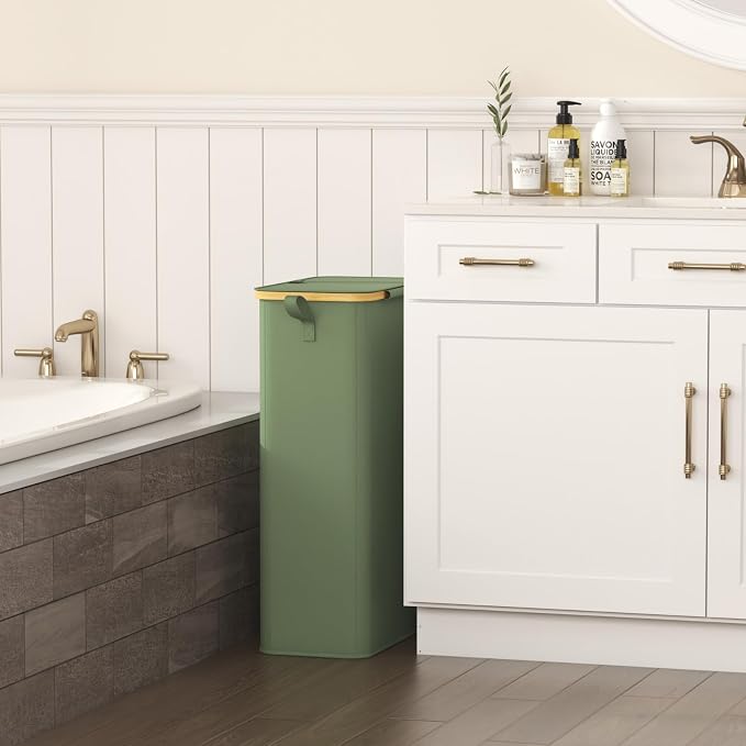 Lifewit 75L Slim Laundry Hamper with Lid, Narrow Laundry Basket with Removable Bag & Bamboo Handles, Fodable Thin Dirty Clothes Hamper for Laundry Collapsible Bin for Bathroom Bedroom Dorm, Green