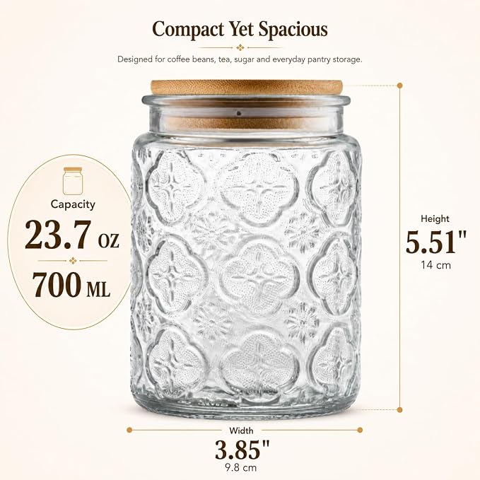 ANSQU Vintage Glass Jar with Bamboo Lid, 23.7 oz Decorative Jar, Cute Jar | Glass Storage Container with Lid, Airtight storage for coffee, tea, sugar, snacks and more.
