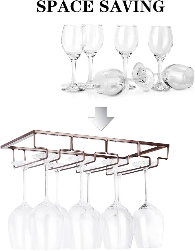 FOMANSH Wine Glass Rack - Under Cabinet Stemware Wine Glass Holder Glasses Storage Hanger 2 Pack Metal Organizer for Bar Kitchen 4 Rows Brown