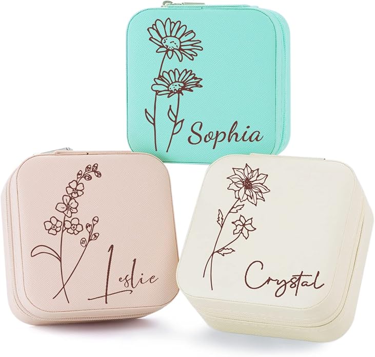 Bridesmaid Gifts Jewelry Box Personalized Small Jewelry Travel Case Custom PU Leather Portable Bridesmaid Proposal Boxes Mini Jewellery Organizer Storage Earrings Rings Necklaces for Women Girls-Pink