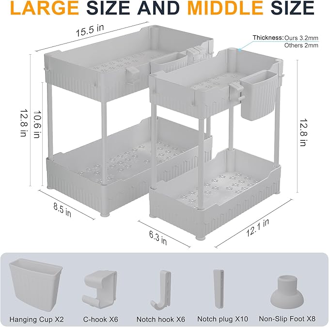 Sevenblue 2 Pack Under Sink Organizer, Under Bathroom Cabinet Organizer with Hooks Hanging Cup, Multi-Purpose Storage Shelf for Kitchen Bathroom (Gray, 12.8 Inch)