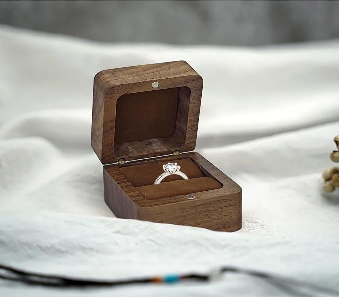 Wooden Ring Holder, Square Retro Engagement Ring Box for Wedding & Proposal (Brown)