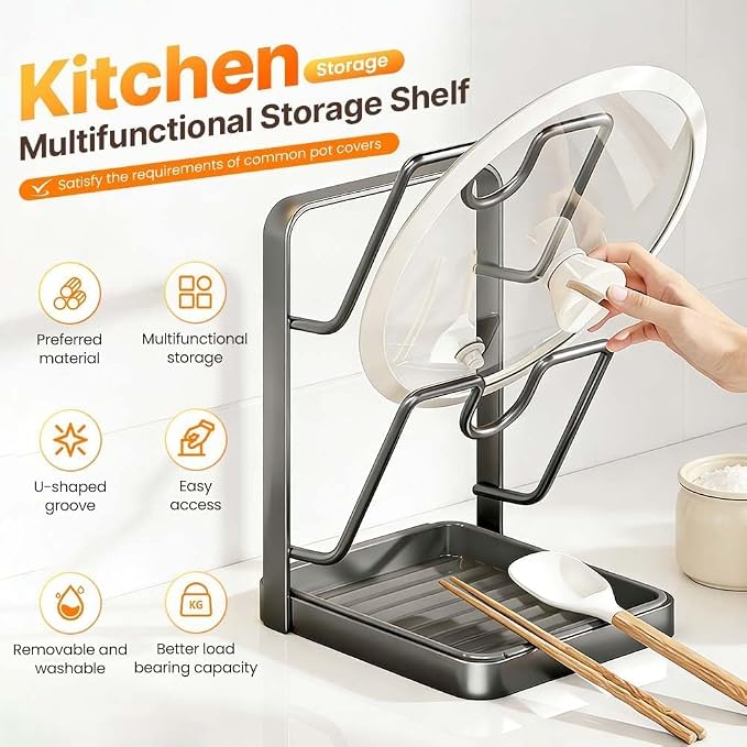 Space-Saving Pot Lid Holder & Spoon Rest - 3-in-1 Organizer with Drip Tray, Keeps Countertops Clear While Cooking (Multifunctional Kitchen Rack)