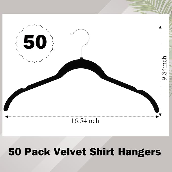 DoubleFill 50 Pack Velvet Hangers Non-Slip Shirt Clothes Hangers 360° Swivel Hook Slim Flocked Coat Hanger Heavy Duty Space Saving Felt Hanger for Women Men Pants Jackets Dress(Black)
