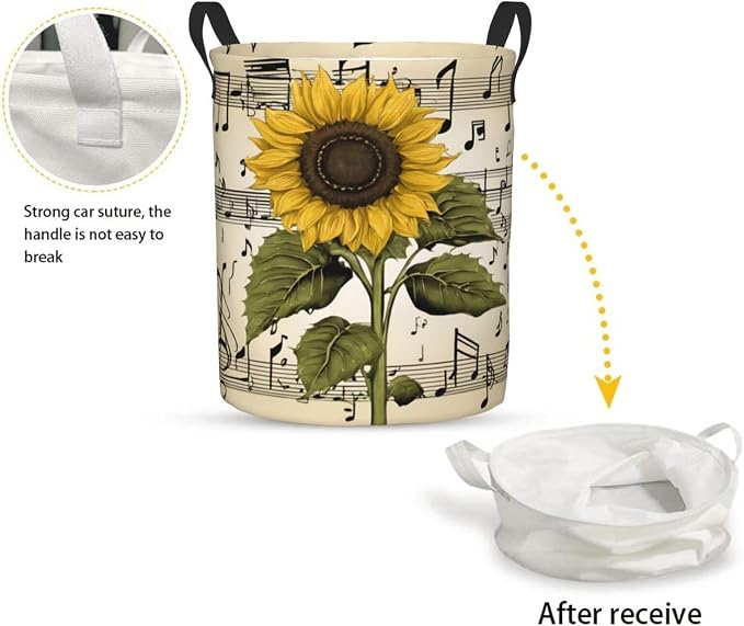 Sunflower Music Notes Laundry Basket,Laundry Hamper,Collapsible Storage Bin, Oxford Fabric Clothes Baskets,Nursery Hamper For Home,Office,Dorm,Gift Basket