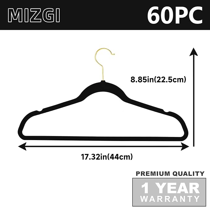 MIZGI Premium Velvet Hangers Pack 60 Pcs Heavyduty - Non Slip Slimline - Velvet Suit Hangers Black - Gold Hooks,Space Saving Clothes Hangers