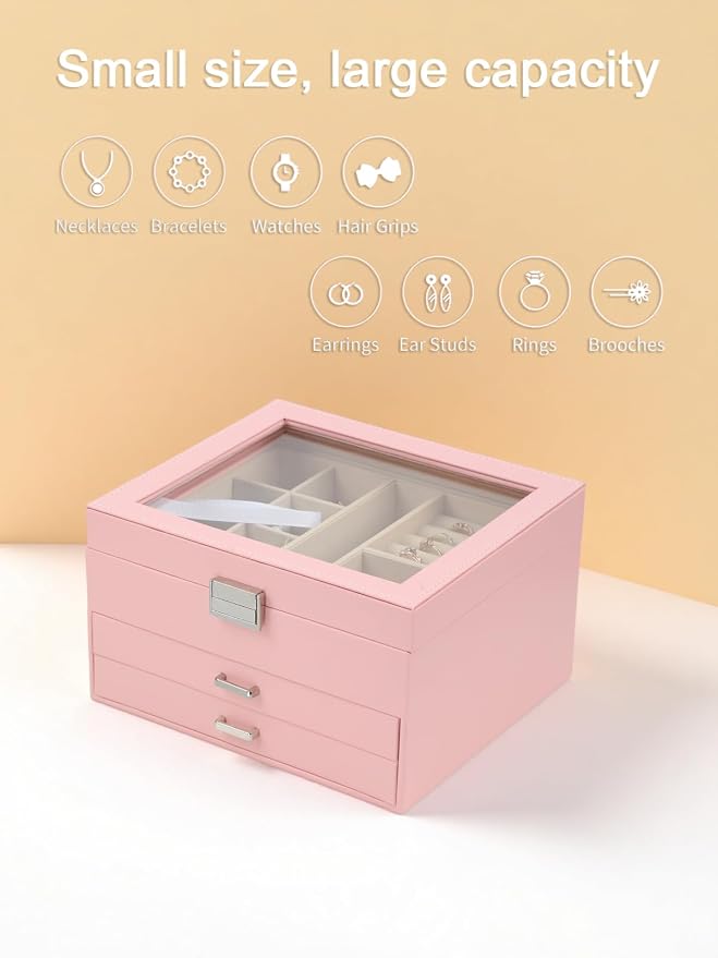 BOOVO Clear Lid Jewelry Box,3 Layers Jewelry Organizer Large Jewelry Storage Box with 2 Drawers,Jewelry Holder Organzier of Rings Earrings Necklace Bracelets for Women (Pink, 3 Layer)