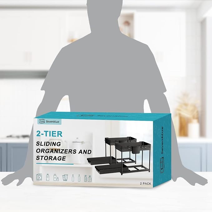Sevenblue 2 Packs Under Sink Organizer, Height Adjustable 2 Tier Under Kitchen Sink Organizer, Multi-Purpose Storage Shelf for Kitchen Bathroom Cabinet, Deep-Black,12.85 Inches