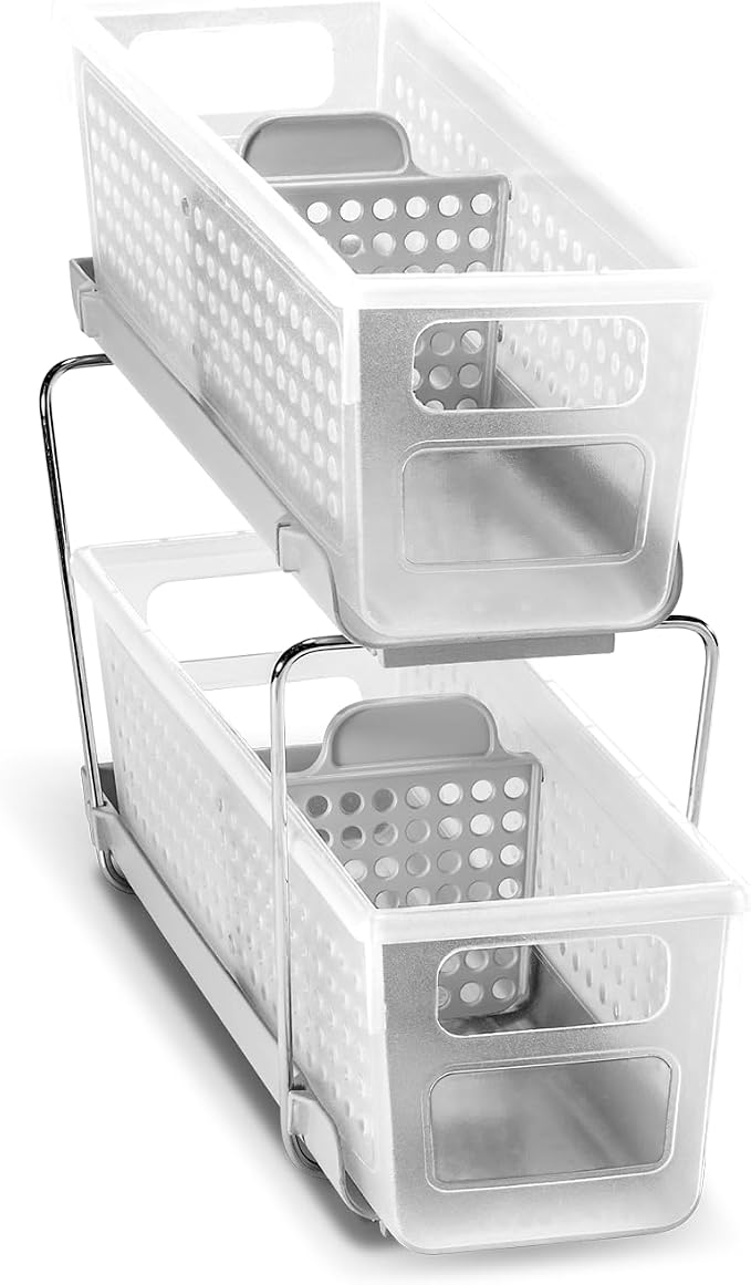 madesmart Mini 2-Tier Organizer, Multi-Purpose Slide-Out Storage with Handles and Dividers for Home and Bath, Frost
