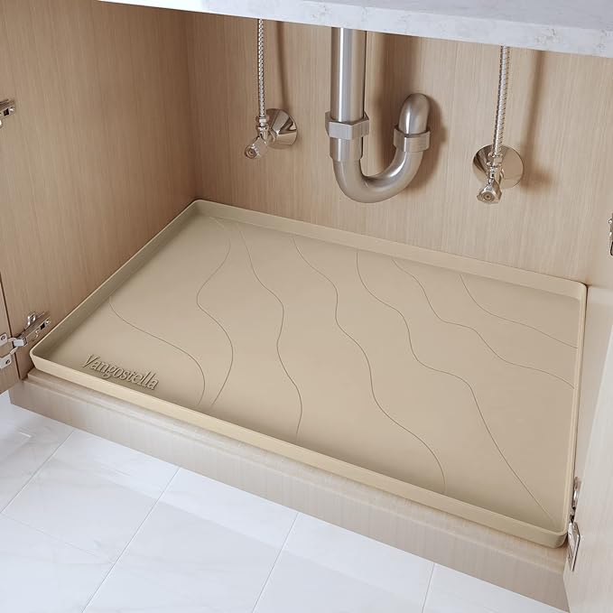 Heavy Duty Silicone Under Sink Mats for Kitchen Waterproof 31" x 22", Extra Thick Under Sink Rubber Mat Drip Tray, Raised Edge Under Sink Liner,Prevent Drips, Leaks, Spills,Taupe