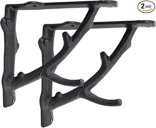 NACH Decorative Shelf Brackets, 2 Pack of 7 x 2 x 7.3 inch, Black Cast Iron Rustic Shelf Brackets - Metal Shelf Brackets for Wall - Tree Branch Shelf Bracket