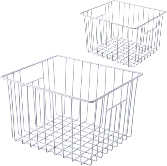 iPEGTOP Deep Refrigerator Freezer Baskets, Large Household Wire Storage Basket Bins Organizer with Handles for Kitchen, Pantry, Freezer, Cabinet, Closets, Pearl White, Set of 2