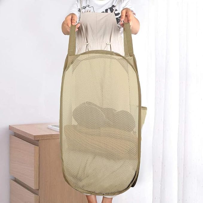 Mesh Popup Laundry Hamper, Foldable Laundry Basket Clothes Hamper for Home, Apartment, College Dorm or Travel, Collapsible for Storage, Beige