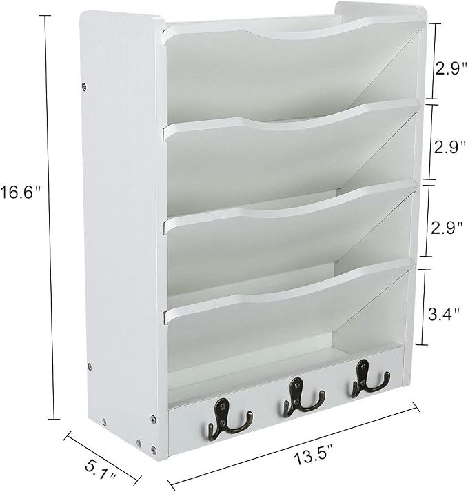 PAG 5-Tier Wall File Holder Hanging Mail Organizer Wood Magazine Literature Rack with 6 Hooks, White