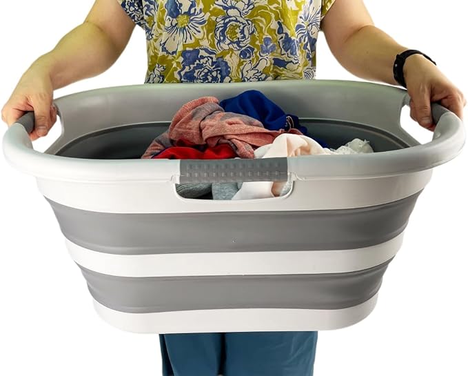 SAMMART 40L (10.5 gallon) Collapsible Plastic Laundry Hamper - Foldable Pop Up Storage Container/Organizer - Portable Washing Tub - Space Saving Basket (1, Grey/Dark Grey)