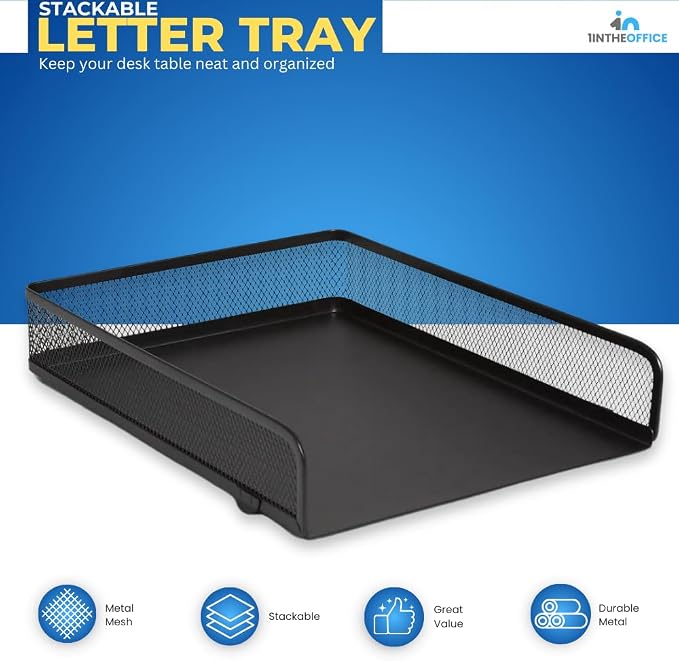 1InTheOffice Stackable Letter Tray, Matte Black Wire Mesh Front-Load Letter Tray