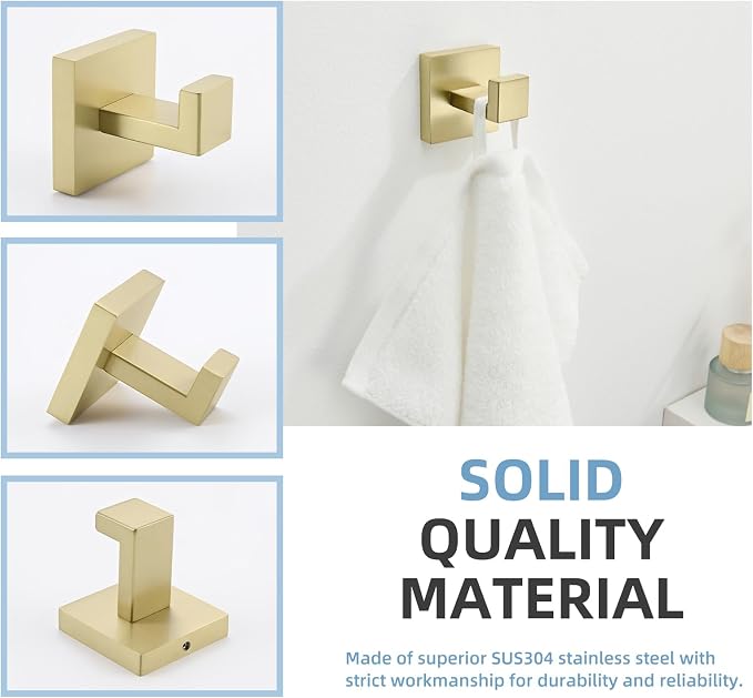 Angle Simple Bathroom Towel Hook Brushed Gold, SUS304 Stainless Steel Hand Towel Holder, Robe Hat Coat Hook for Wall Mount