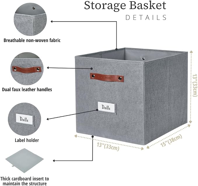 DECOMOMO Storage Bins, Storage Baskets for Shelves | 13" x 15" x 13" Storage Cube Bins with Labels for Organizing Shelves (Kallax, 4pcs, Texture Grey)