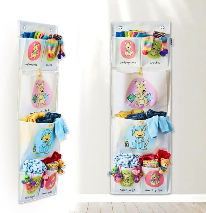 Cool-Stuff Kids Hanging Clothes Organizer – Over The Door Storage for Pajamas, Toys, Socks – Wall Mount Closet Organizer for Toddler, Preschool, Kindergarten – Water-Resistant, Beige, 44x14.5