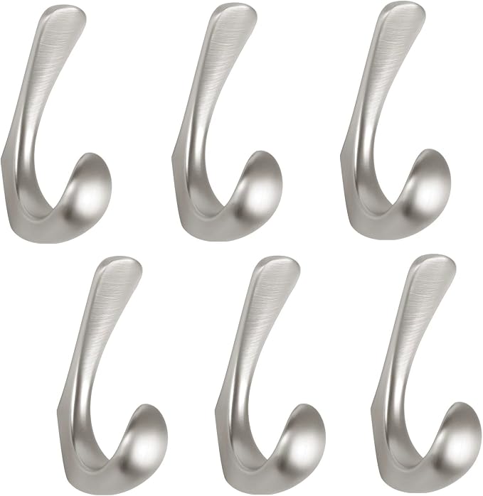 6 Pack Towel Hooks for Bathrooms Wall Mounted, Brushed Nickel Bathroom Hooks for Towels, Robe & Towel Hook for Wall, Modern Bath Towel Hook