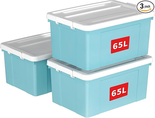 Cetomo Lidded Storage Bin with Handle, Tote Organizing Container with Wheels, Lid and Secure Latching Buckles, Stackable and Nestable, Plastic, 72 Quart-3 Pack, Blue