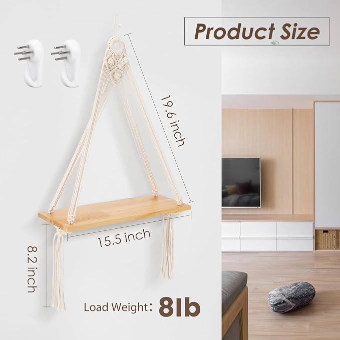 Sunkaioo Macrame Wall Hanging Shelf Set of 2,Boho Wooden Display Floating Shelves for Wall Decor with Handmade Woven Rope,Farmhouse Rustic Plant Shelf for Bedroom Dorm Nursery Living Room Bathroom