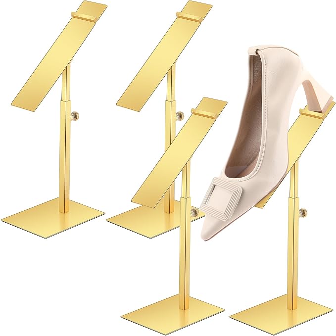 Therwen 4 Pcs Gold Shoe Display Stand Shoe Rack Stainless Steel Golden Metal Riser High Heel Display Rack Holder for Home Shopping Malls (Square Shape,Golden)