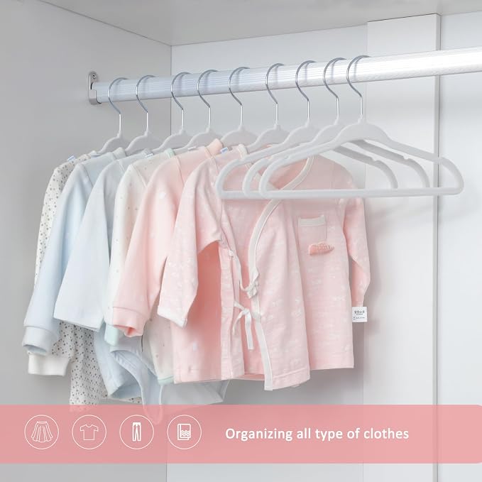 ManGotree 11" Baby Velvet Hangers, Non-Slip Infant Coat Hangers, Ultra-Thin Toddler Felt Hanger with 360° Swivel Hook, Space Saving Children's Hanger for Kids Clothes, 48 Pack (White)
