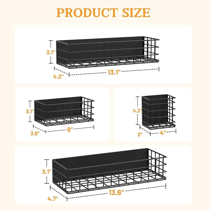 Ofiray-home Magnetic Fridge Shelf, 4-Pack Metal Strong Magnet Rack, Space Saving Spice Organizer, Utensil Holder, Fruit Potato Onion Storage Bins, Black Refrigerator Organizers and Storage