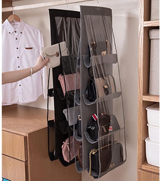 AARAINBOW 1 Pack Hanging Handbag Purse Organizer for Closet, Womens Purse Storage Organizers, Hand bag Organizer Holder, Wardrobe Purse Organizer 8 Pockets Space Saving 41 L x 13.5W (B-Black)