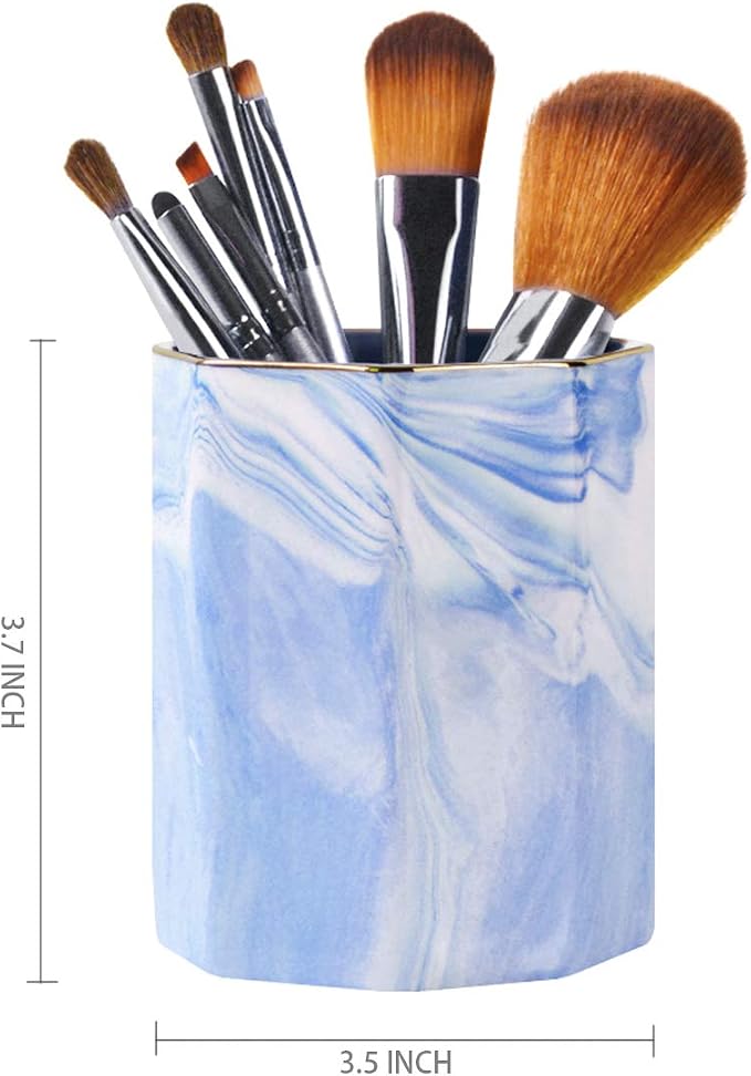 Pencil Holder Cup, Pen Organizer Stand for Desk Cute Marble Pattern Pen Cup Durable Ceramic Desk Organizers for Office Girl Women Adult Teen, Blue Marble