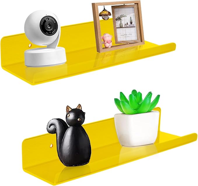 ROYALITA 2-Pack Small Acrylic Shelves Wall Mounted, 12 in Display Shelves | for Small Items, Plants, Room Decor Floating Wall Shelves for Gaming Room, Bedroom, Living Room, Office, Yellow