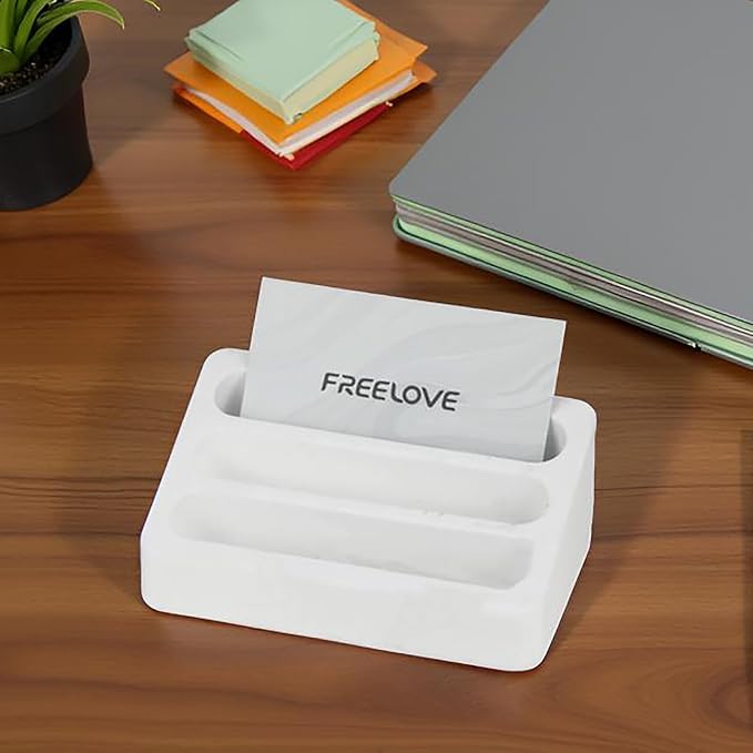 FREELOVE Desktop Card Holder, Concrete, Handmade, 3 Stair 3 Slots, Fits 30-50 Business Cards, Stone Weighted, Smooth Finish, Eva Base, Office Desk Organizer (White, Small)