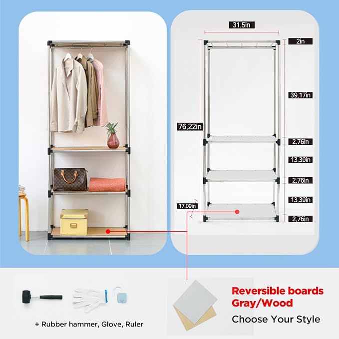 Letusto Premium Stainless Steel Freestanding Closet Organizer System - Easy Assembly, Durable, and Versatile - Heavy Duty Adjustable Portable Wardrobe Clothing Rack (3 Tier)