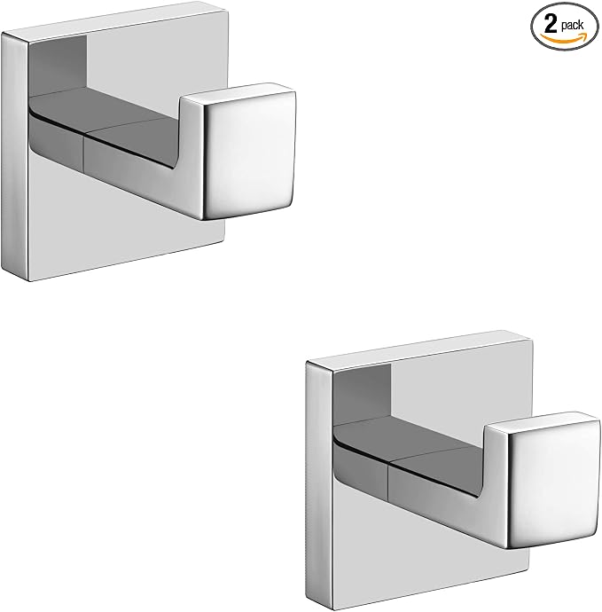 Nolimas Towel Hook Stainless Steel Bathroom Rustproof Clothes Towel Coat Hook Wall Mounted Square Toilet Kitchen, Heavy Duty Door Hanger, 2 Pack, Chrome Polished