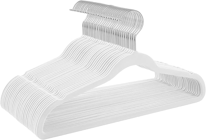 TIMMY 50 Pack Velvet Hangers, Non-Slip Ultra-Thin Space-Saving Suit & Coat Hangers with 360° Silver Swivel Hook - Hold 10 lbs, for Blazers, Dresses & Pants (White/Silver, 17.7 in) r