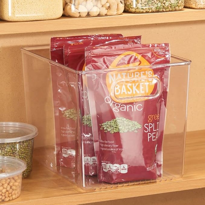 mDesign Plastic Modern Kitchen, Pantry Food Storage Container Bin w/ Handles - Cabinet, Fridge/Freezer, Countertop Organizer - Snacks/Drink/Appliances; Ligne Collection, Clear, 10x8x7.75 (Pack of 1)