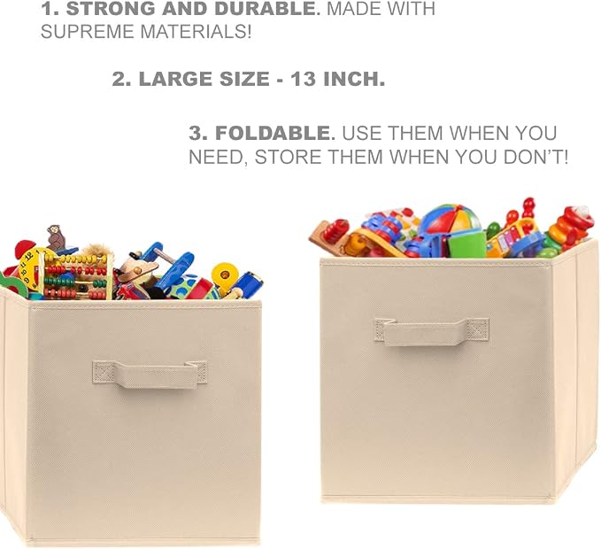 13 Inch Cube Storage Bins - 6 Pack - Large, Dual Handles, Foldable | 13x13 Fabric Bins for Organizing Closet, Clothes and Toys